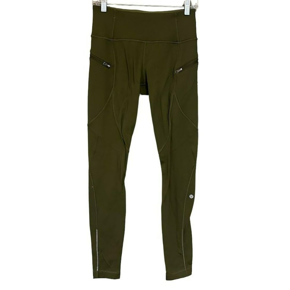 Lululemon Olive Green Zipper Pocket Full Length Leggings Womens 8